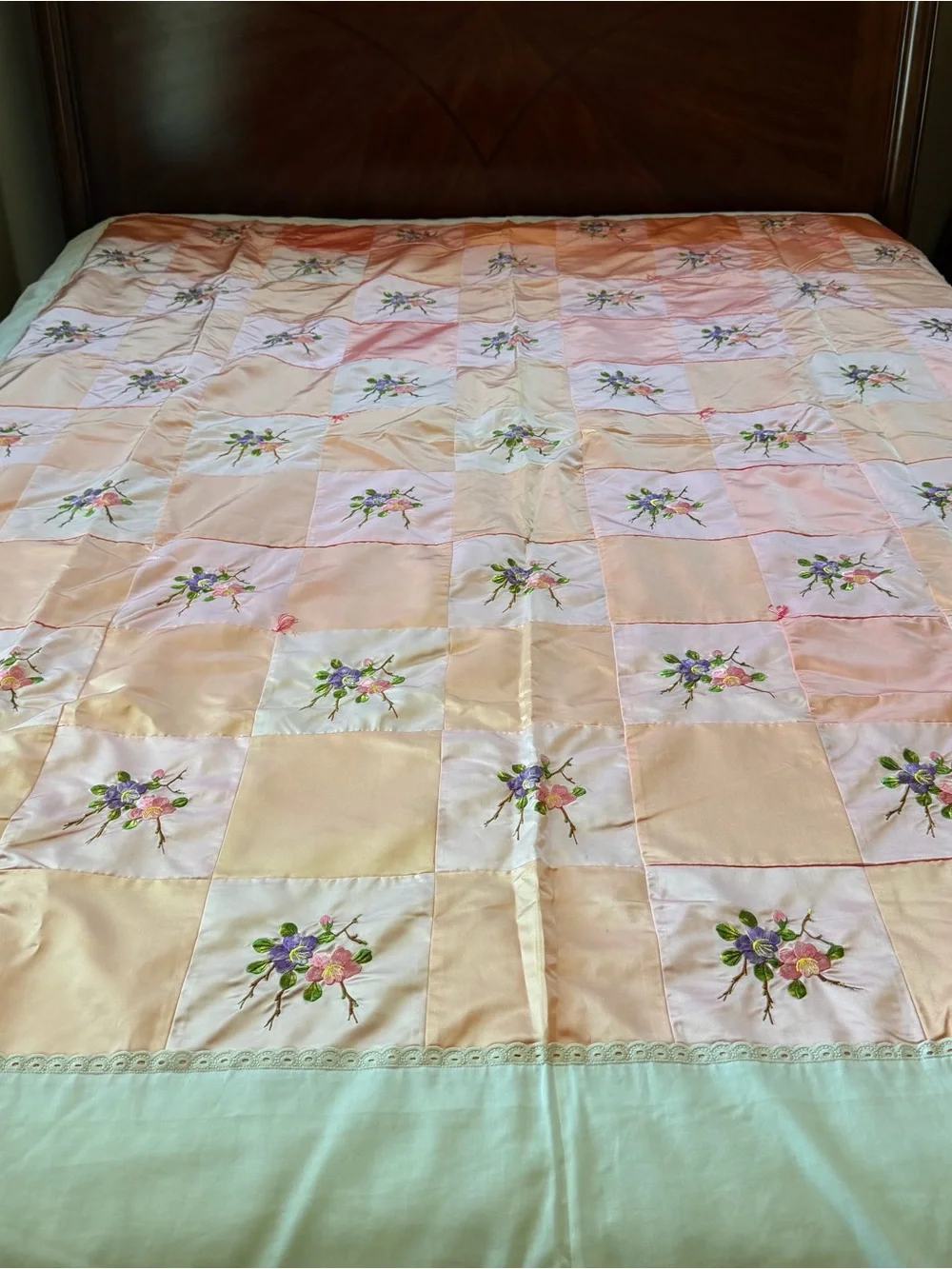 Rare Handmade Vintage Satin Embroidered Floral Bedspread Coverlet 74” x 86”
